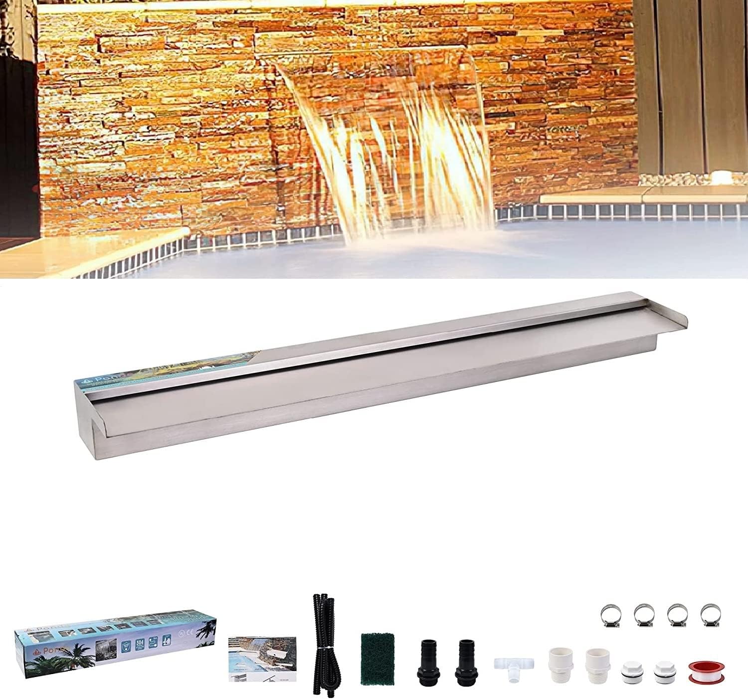 YUDA 36 Inch Water Pool Fountain, 304 Stainless Steel Pool Waterfall with Wider Water Flow Platform, Professional Waterfall Spillway for Sheer Descent Garden Outdoor