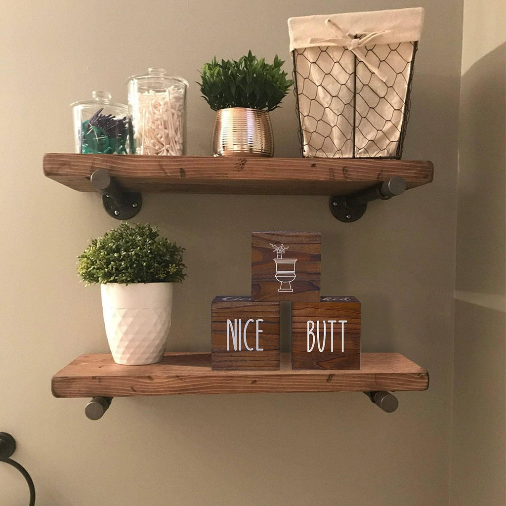 Farmhouse Bathroom Decor, Wooden Cute Restroom Home Decoration, Funny 4-Sided Mordern Rustic Bathroom Blocks, Nice Butt&Get Naked&Hello Sweet Cheeks&Wash Your Hands Sign, Brown 2.8"