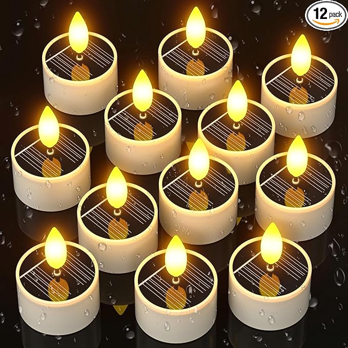 SoulBay Solar Tea Lights Outdoor Waterproof, 12 pcs 1.5" D x 2.1" Reusable Dusk to Dawn Flickering Small LED Tealight Candles, Flameless Votive Candle for Lanterns Patio Garden Camping Decor