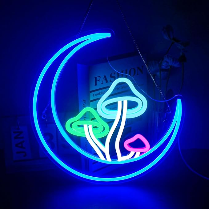 Moon Mushroom Neon Sign Blue Moon Neon Lights for Wall Decor Mushroom Light Up Signs USB LED Signs for Girls room Living Room Kids Room Home Bar Party Shop
