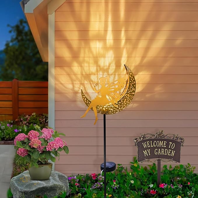 Fairy Moon Solar Lights Outdoor Garden Gifts for Women Yard Decorations Stakes Lights, Waterproof LED Outside Backard Decor, Lawn Patio Ornaments, Mothers Day Birthday Gifts for Mom (Gold,1Pack)