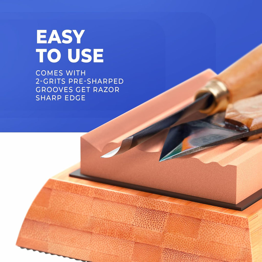 Sharp Pebble Sharpening Stones for Wood Carving Tools-Two Whetstones Grit 400 & 1000 Gouge Sharpener- Waterstone Sharpening System for Wood Carving Knives & Chisels with Non-Slip Bamboo Base
