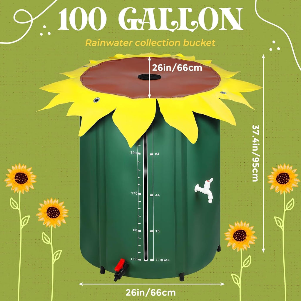 100 Gallon Rain Barrel Water Collection System, Collapsible Portable Water Storage Tank, Rainwater Collect System Downspout, Water Catcher Container with Filter Two Spigots(Without Water Pipe)