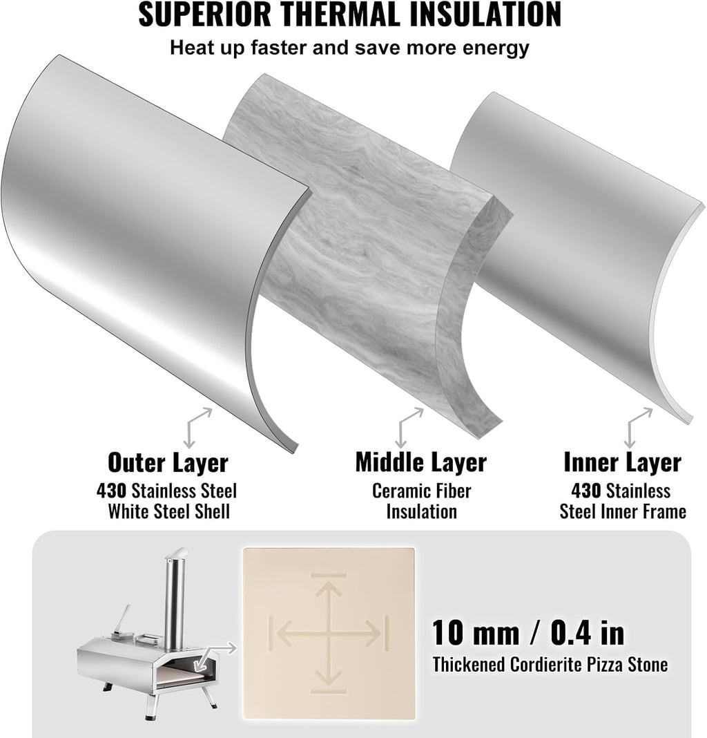VEVOR Pizza Oven Outdoor, 12" Pellet Pizza Oven, Portable Pizza Stove with Built-in Thermometer, Wood Fired Stainless Steel Pizza Maker, for Backyard, Camping, Pizza Stone, Shovel, Carry Bag, Silver