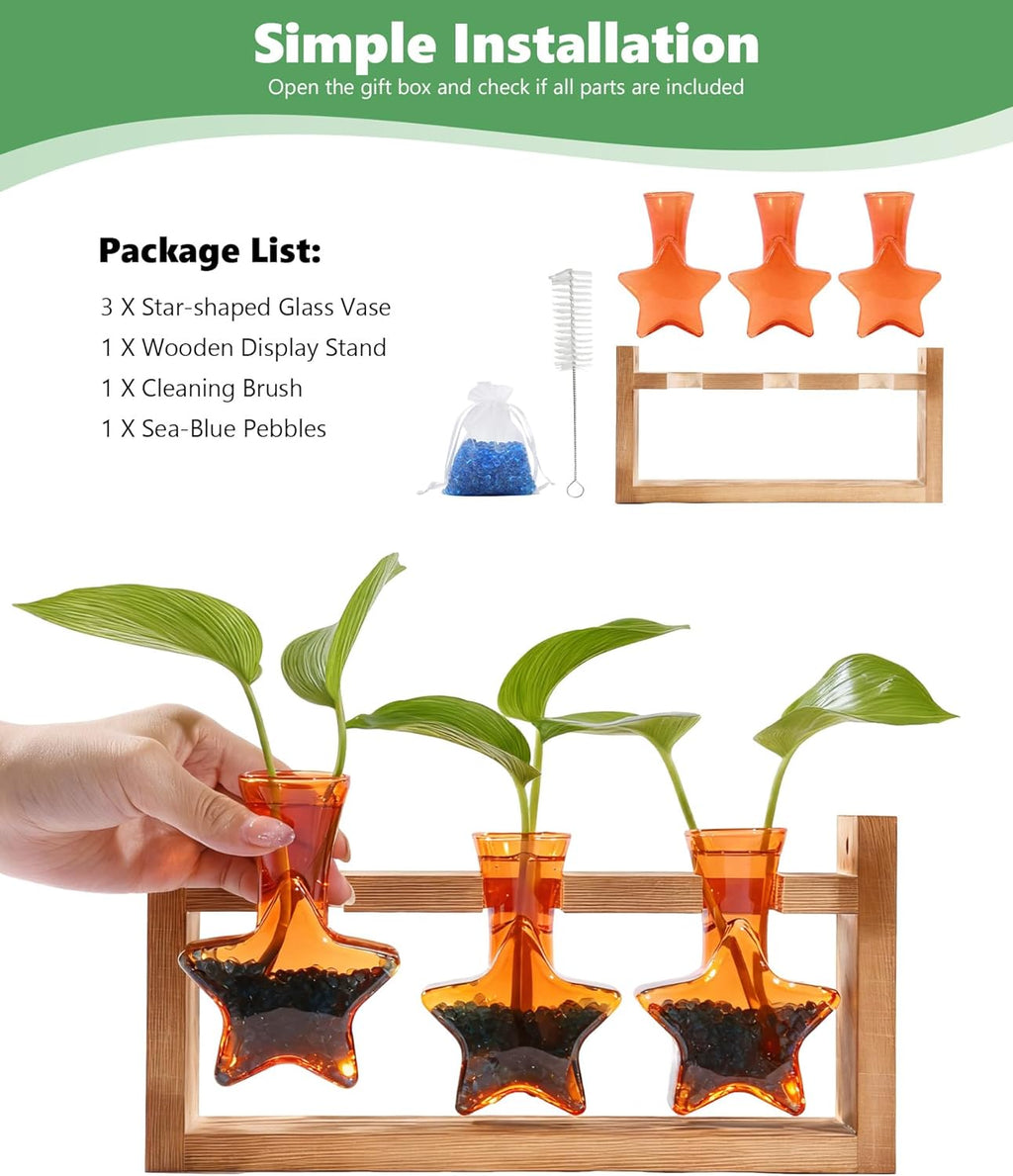 Nacome Plant Terrarium with Wooden Stand,Star-Shaped Planter Propagation Station Glass Vase for Home Office Decor- Unique Gifts for Plant Lovers Women Mom(Orange)