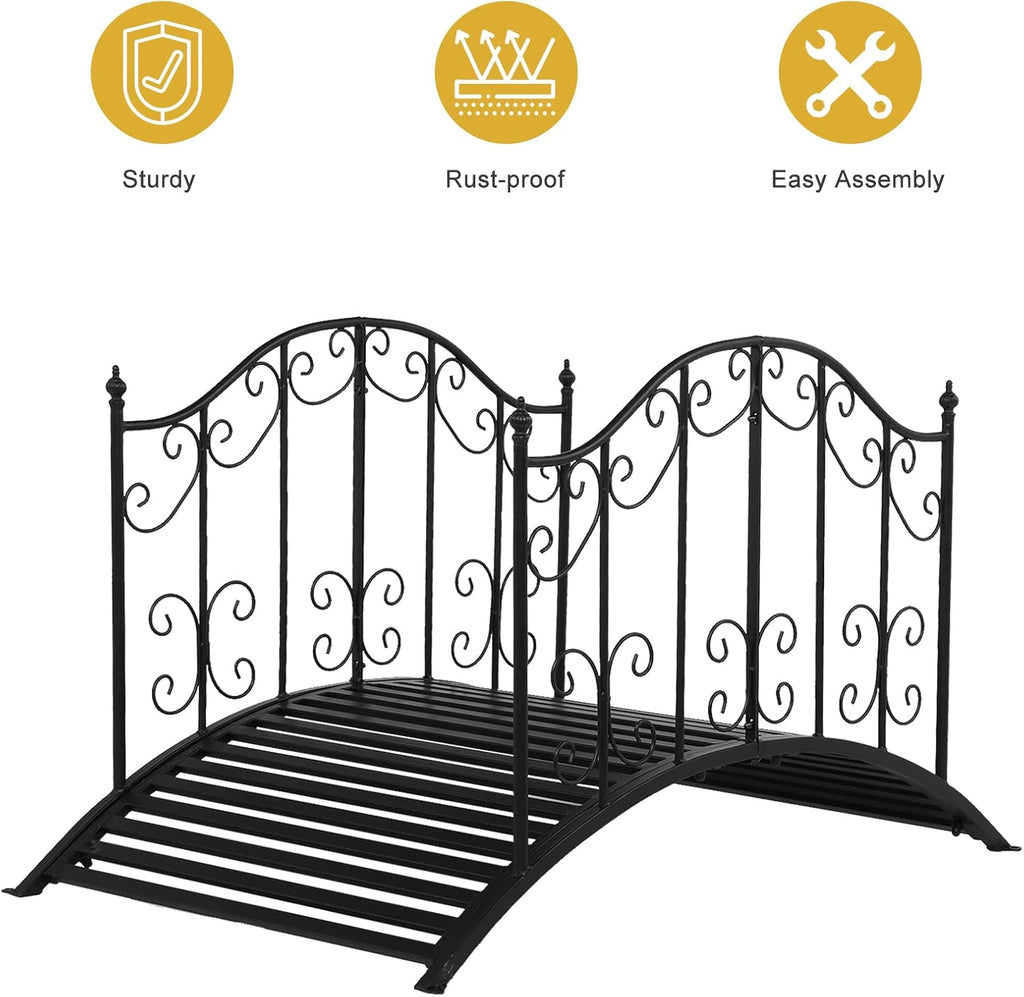 VINGLI Garden Bridge Metal Yard Arch Path Bridge with Patterned Guardrails, Ourdoor Decorative Black Iron Foot Bridge for Pond and Backyard Landscaping-4FT