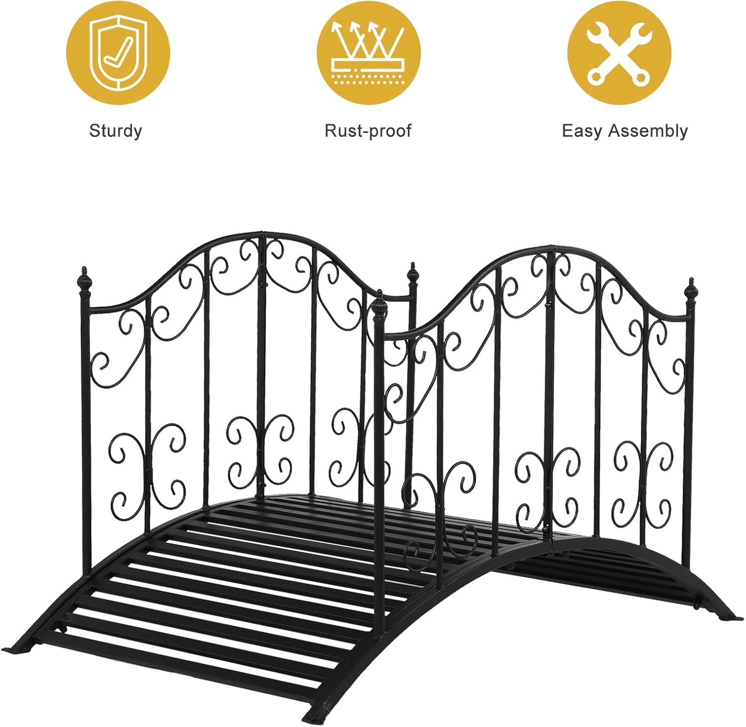 VINGLI Garden Bridge Metal Yard Arch Path Bridge with Patterned Guardrails, Ourdoor Decorative Black Iron Foot Bridge for Pond and Backyard Landscaping-4FT