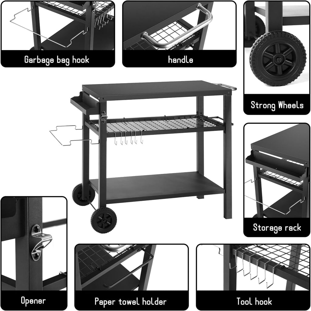 Grill Cart Table with Three Shelf, Movable Outdoor Dining Cart Pizza Oven Stand with Three Hooks, Kitchen Cart Island Multifunction Food Prep Table (Black)