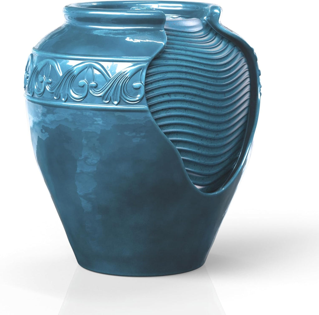 Teamson Home Floor Glazed Pot Water Fountain with Built-in LED Light and Pump for Outdoor Indoor Patio Garden Backyard Decking Home Décor, 17 inch Height, Teal