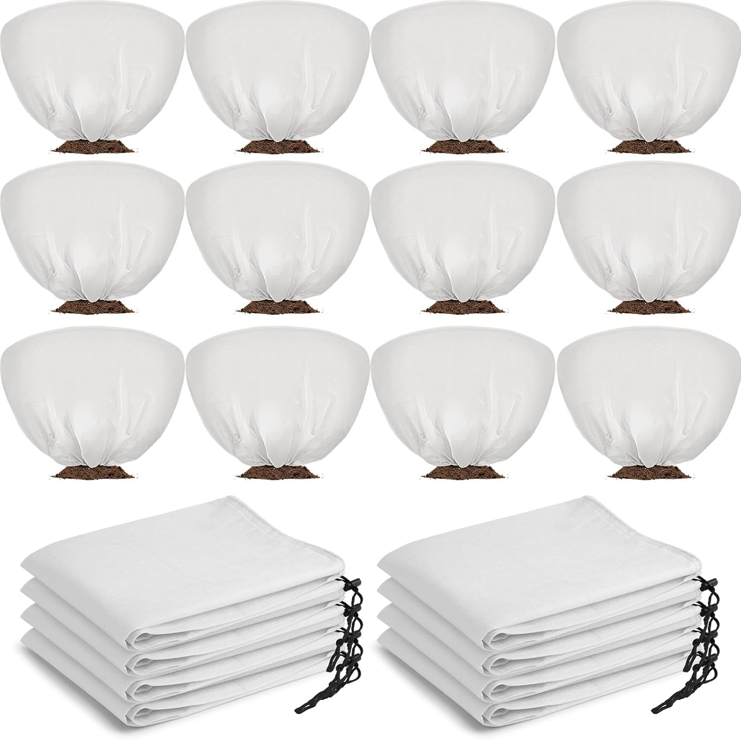 12 Pcs Winter Plant Covers Freeze Protection 39.4x23.6 Inch Horizontal Shrub Tree Rose Plant Protection Bags Frost Blanket with Drawstring for Fall Winter Outdoor Garden Planting (White)