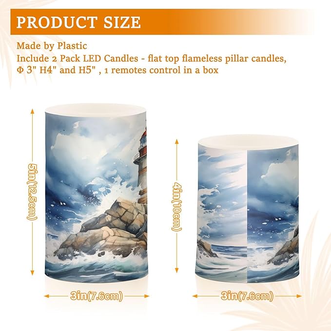Flickering Flameless Candles, Lighthouse Ocean LED Candles with Remote Timer, Set of 2 Battery Operated Candle for Valentine Wedding Birthday