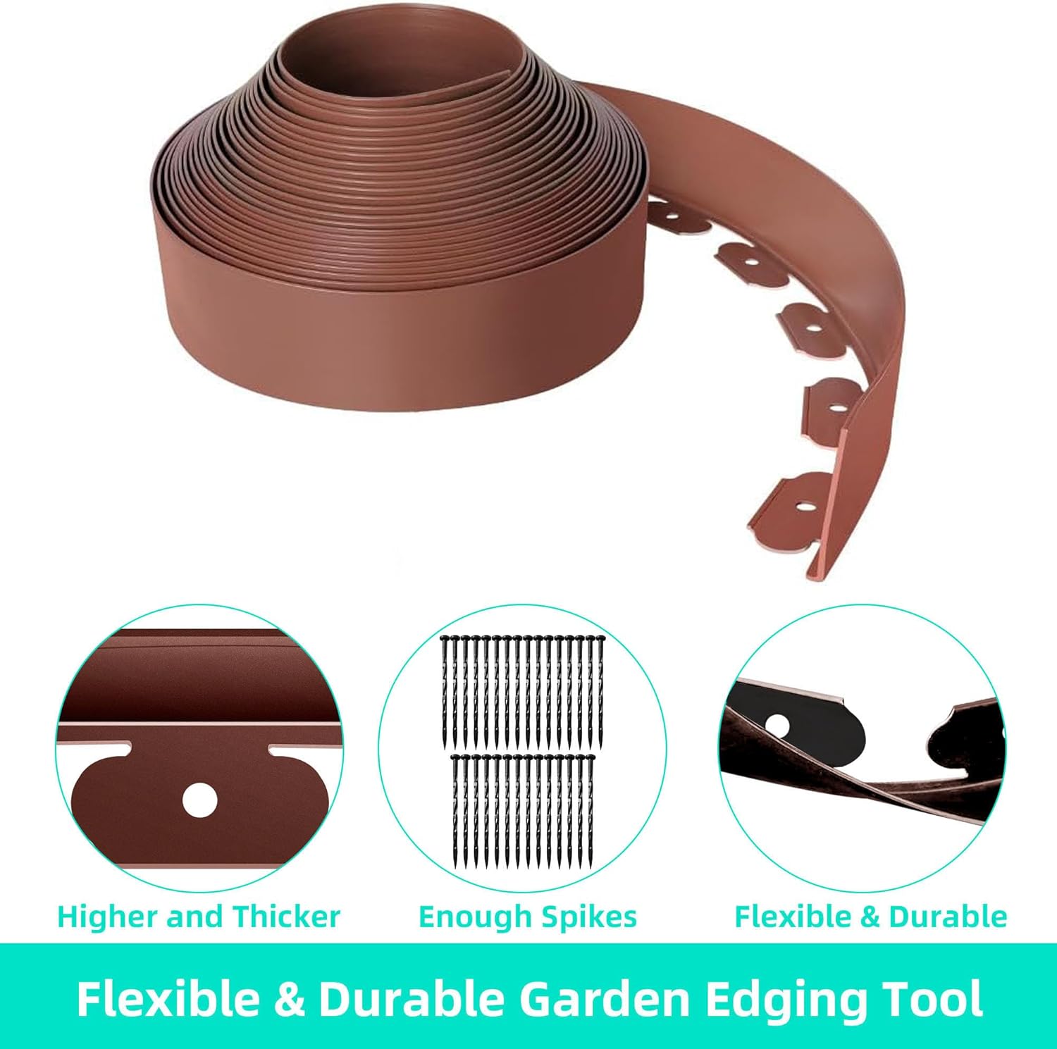 Landscape Edging Coil 33 FT, 4 Inch Tall Garden Edging Border Flexible Lawn Edging Kit with 30 Spikes, Plastic Edging for Landscaping Flower Beds Yard Pathway Paver Edging (4IN x 33FT, Brown)