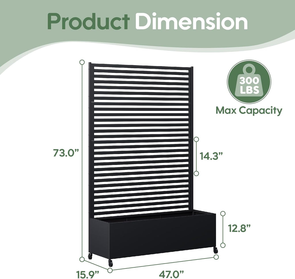 Metal Planter Box with Trellis Privacy Screen, Raised Garden Bed with Trellis & Wheels, Privacy Planters for Patio, Planter Box with Drainage Holes for Climbing Plants, Flower, 73"x 47"x 16", Black
