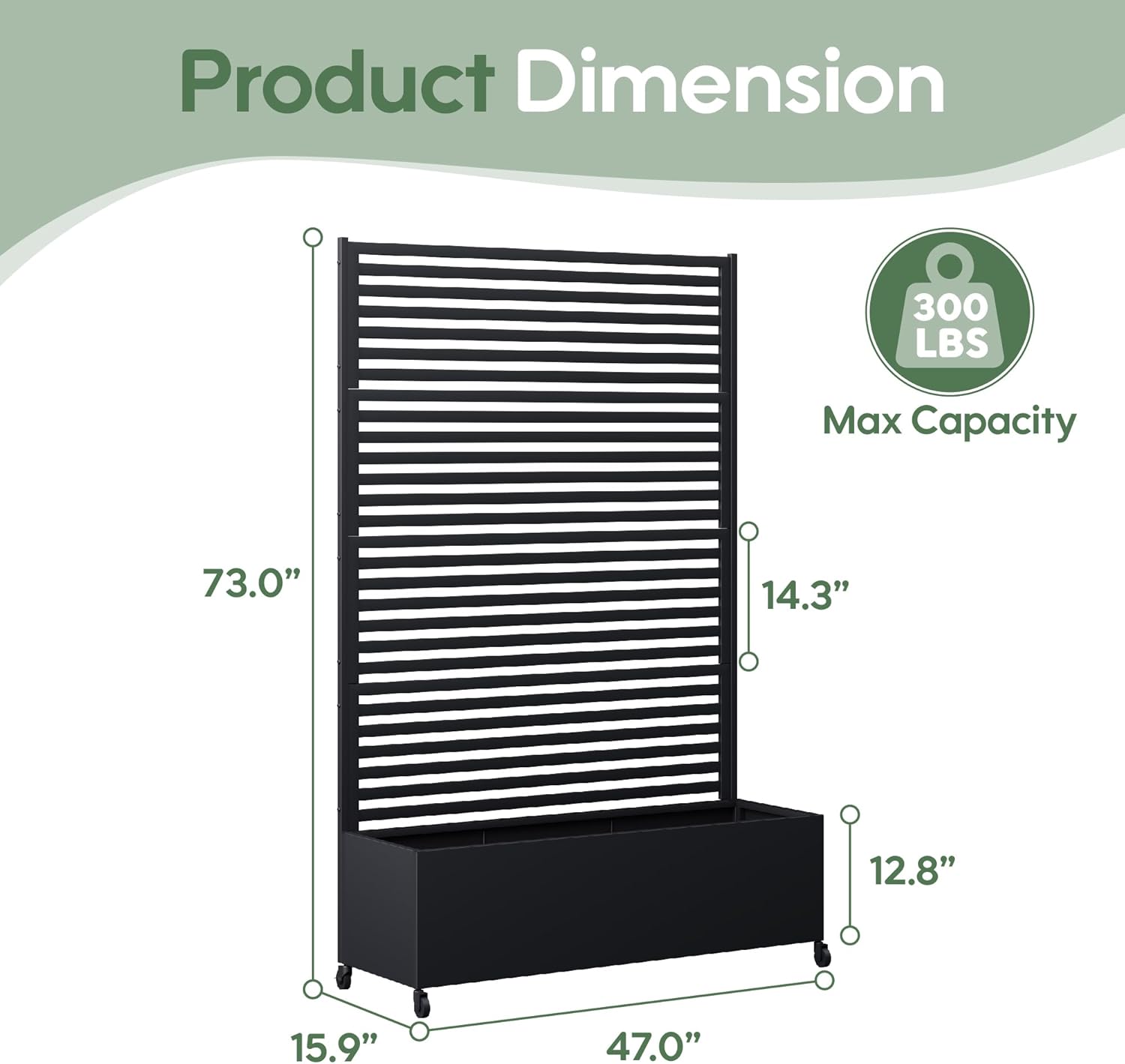 Metal Planter Box with Trellis Privacy Screen, Raised Garden Bed with Trellis & Wheels, Privacy Planters for Patio, Planter Box with Drainage Holes for Climbing Plants, Flower, 73"x 47"x 16", Black