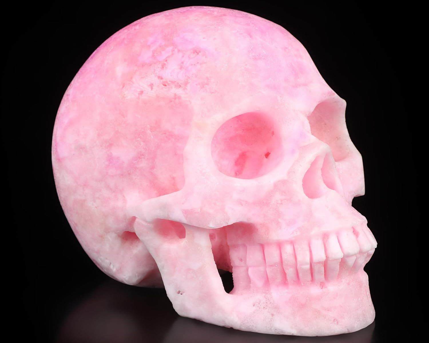 Skullis 5.1" Pink Aragonite Crystal Skull, Hand Carved Gemstone Fine Art Sculpture, Reiki Healing Stone Statue.1469