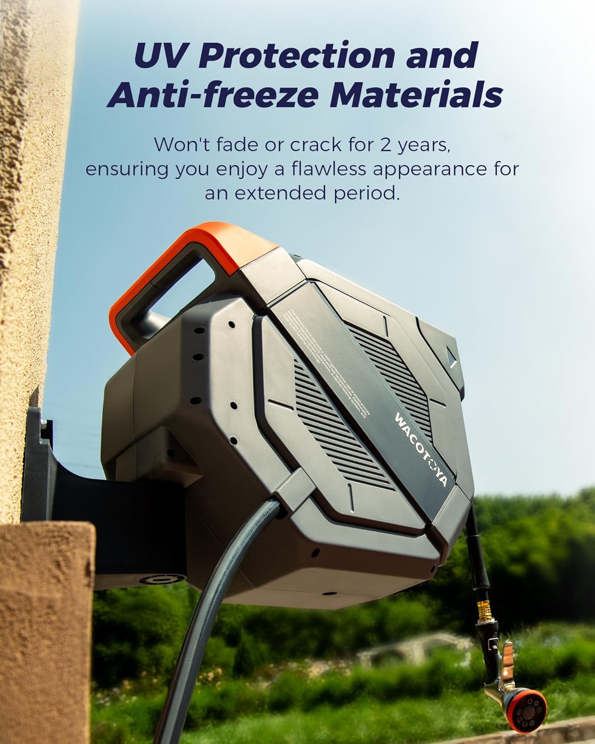 Retractable Garden Hose Reel 1/2 in x 130 ft Professional Metal Bracket & 9-Pattern Metal Nozzle UV Resistant Brass Fitting Heavy Duty Wall Mount Any Length Lock Slow Retraction 180° Swivel