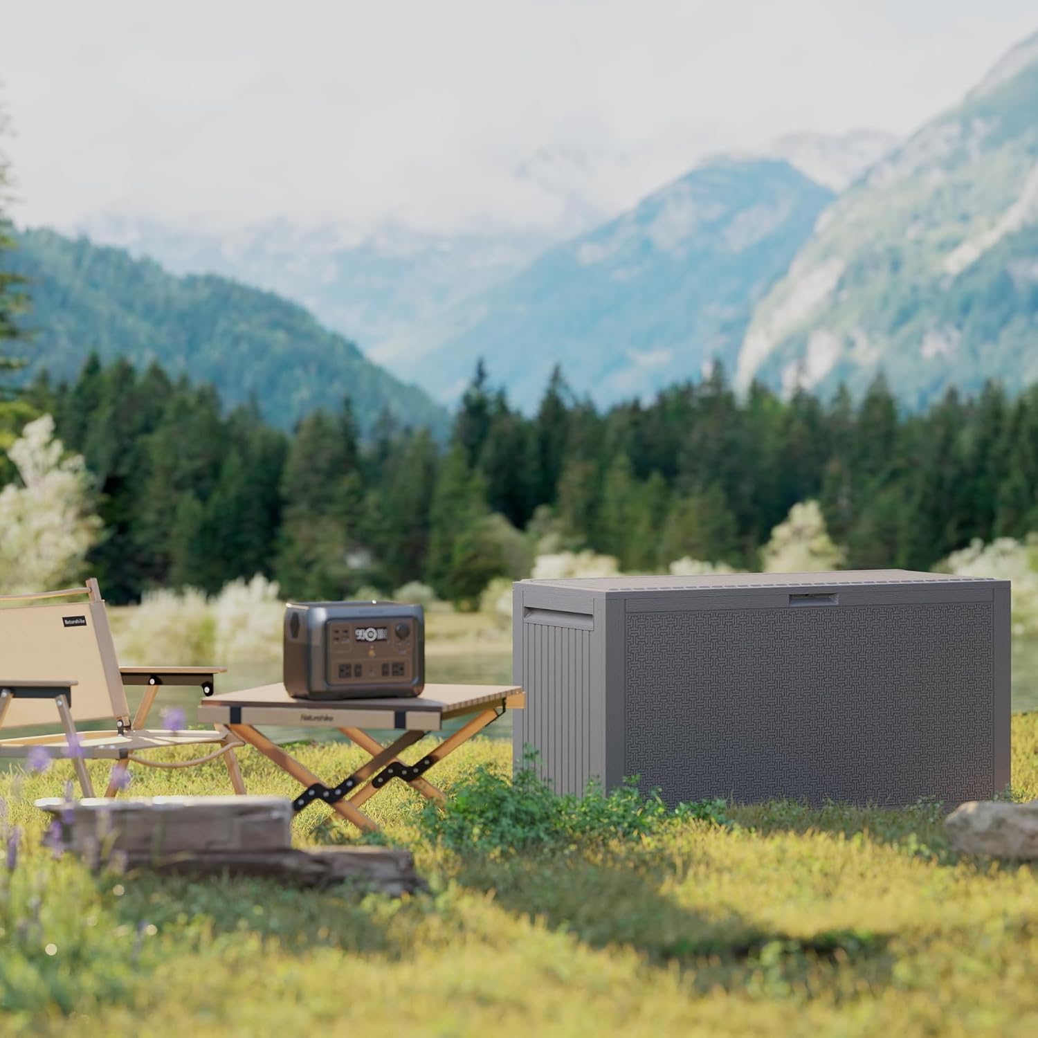 90 Gallon Outdoor Storage Box, Lockable Package Outside Storage Box Waterproof, Patio Cushions Deck Storage Boxes, Rattan Plastic Garden Hose Containers Resin Pool Storage Bins with lids, Grey