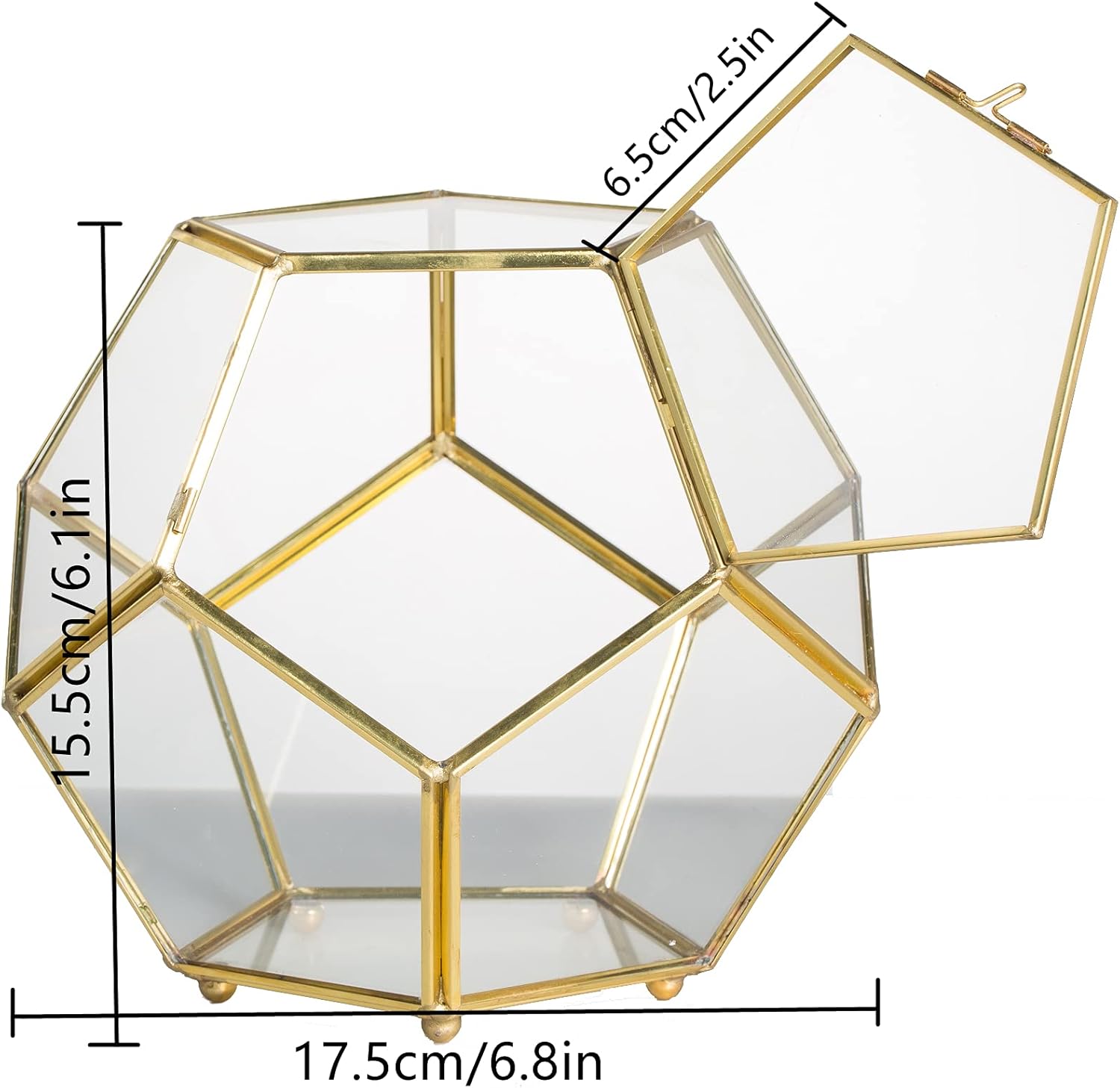 NCYP 6.89 x 6.89 x 5.9 inches Glass Geometric Terrarium Planter with Door and Foot, Pentagon Ball Shape Close Flower Pot for Fern Succulents Plants, Small, Gold (No Plants)