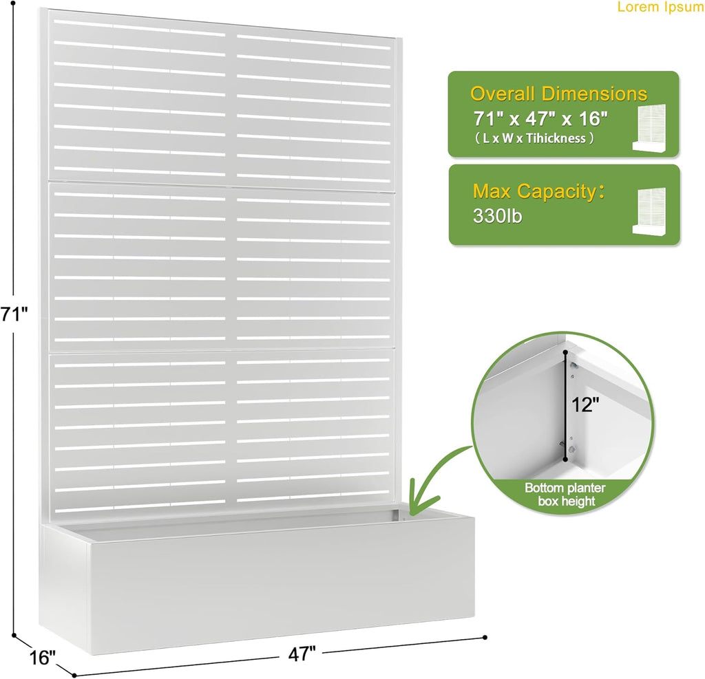 FENCY Metal Raised Garden Bed with Trellis, Metal Planter Box with Trellis, Garden Box for Climbing Plants Vegetable, 47" Lx16 Wx71 H Garden Bed with Drainage Holes(White-Louvered)