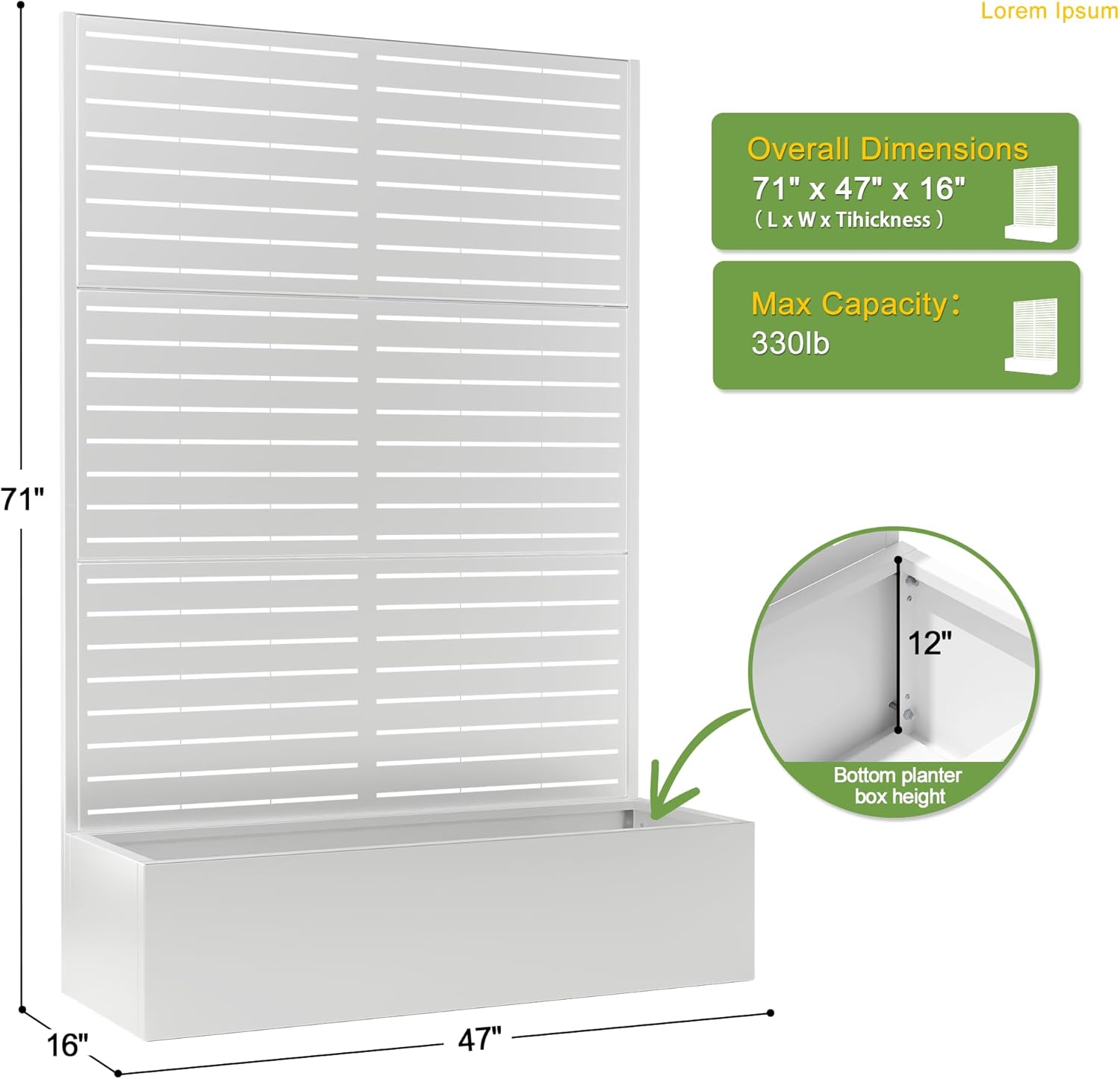 FENCY Metal Raised Garden Bed with Trellis, Metal Planter Box with Trellis, Garden Box for Climbing Plants Vegetable, 47" Lx16 Wx71 H Garden Bed with Drainage Holes(White-Louvered)