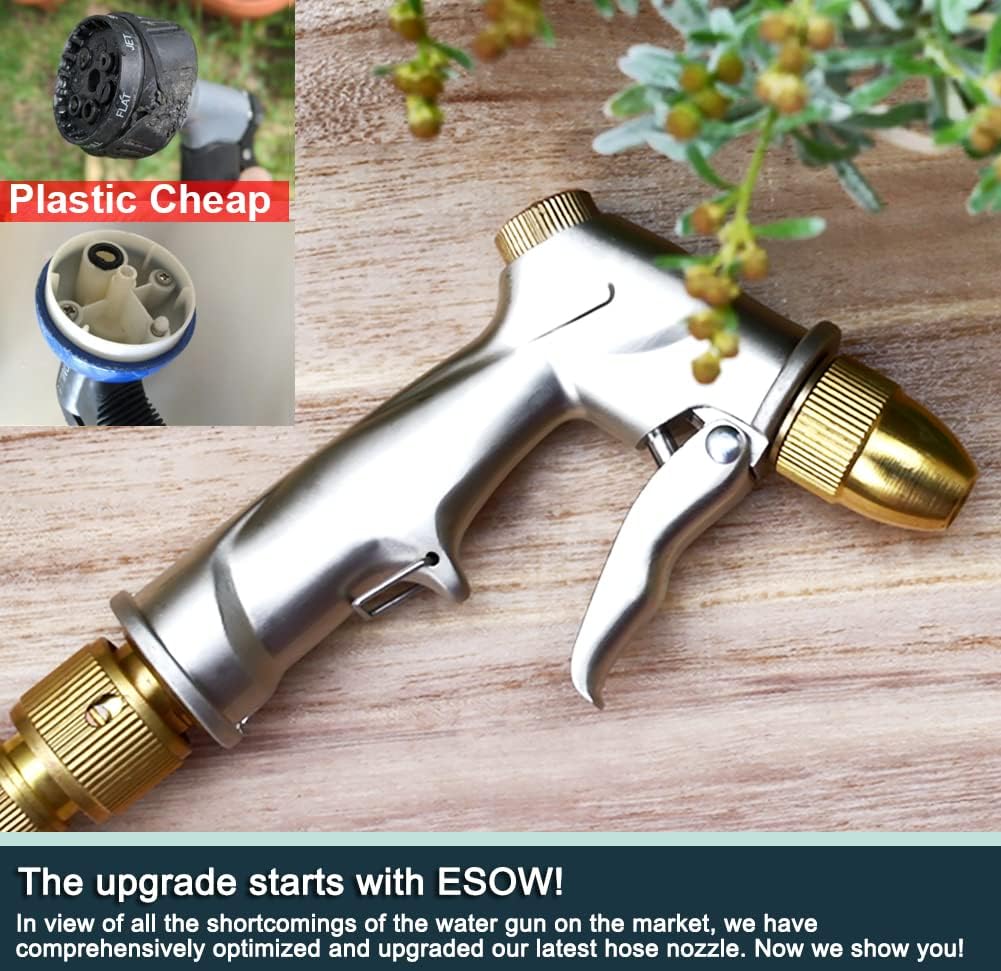 ESOW Garden Hose Nozzle, 100% Heavy Duty Metal Spray Gun with Full Brass Nozzle, 4 Watering Patterns Watering Nozzle- High Pressure Pistol Grip Sprayer for Watering Plants, Car Wash and Showering Dog