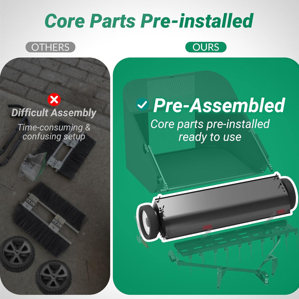 Suchtale 42" Tow Behind Lawn Sweeper with Dethatcher – 21 Cu. Ft. Leaf Collector with Adjustable Sweeping Height, Large Hamper Windscreen for Lawn, Yard, & Artificial Grass, Tractor/Mower Attachments