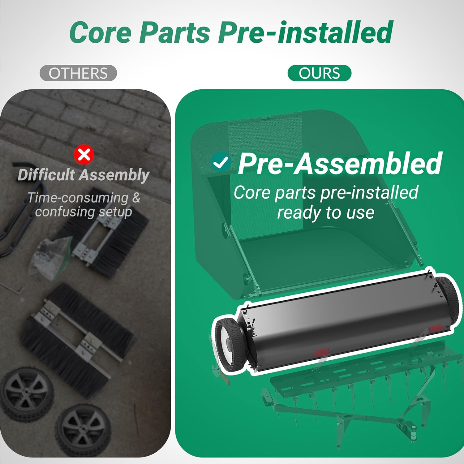 Suchtale 42" Tow Behind Lawn Sweeper with Dethatcher – 21 Cu. Ft. Leaf Collector with Adjustable Sweeping Height, Large Hamper Windscreen for Lawn, Yard, & Artificial Grass, Tractor/Mower Attachments