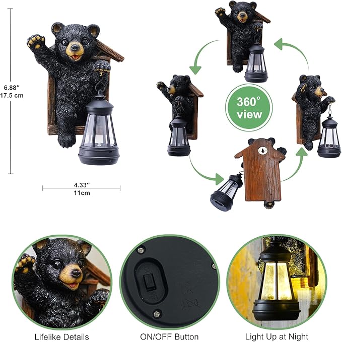 Black Bear Decor with Solar Lantern Tree Hugger - 7 Inch Bear Statue Outdoor Garden Yard Decor,Best Bear Garden Gifts for Mom,Women
