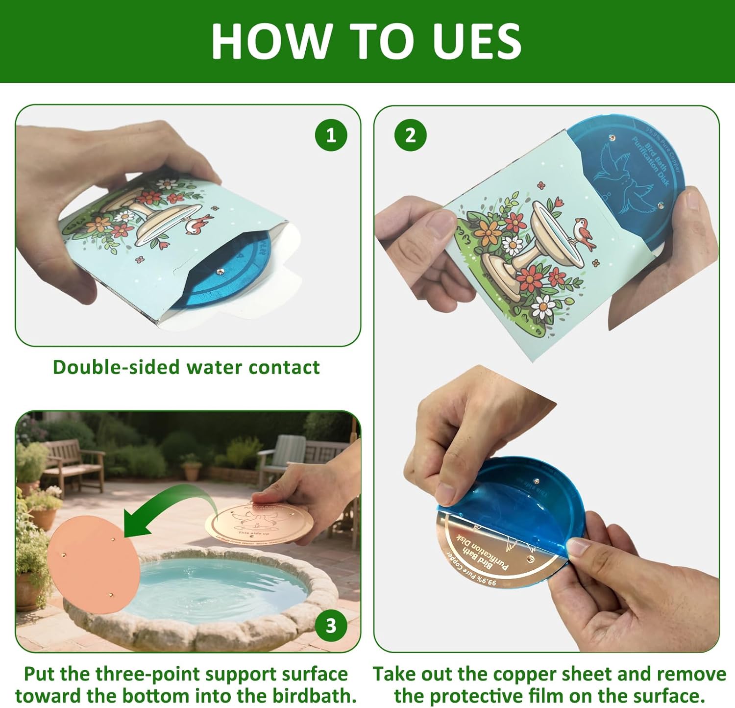 Bird Bath Copper Disk, 99.99% Pure Copper with Triple-Point Support, Physical Safe Clean Water for Outdoor Birdbaths & Bowls, All-Season Use, Reinforced Design