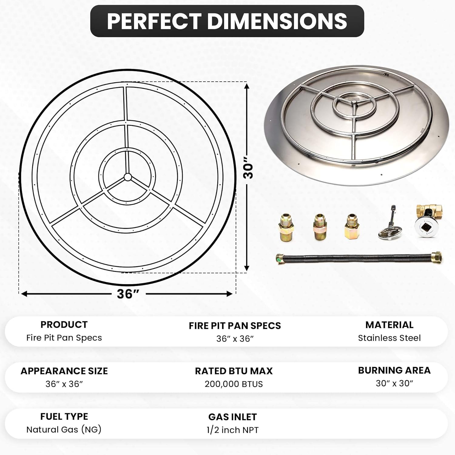 Fire Pit Burner Pan & Ring - Works with Natural Gas - Stainless Steel Fire Pit Burner Kit 36-Inch Pan, 30-Inch Ring - 200,000 BTU Max