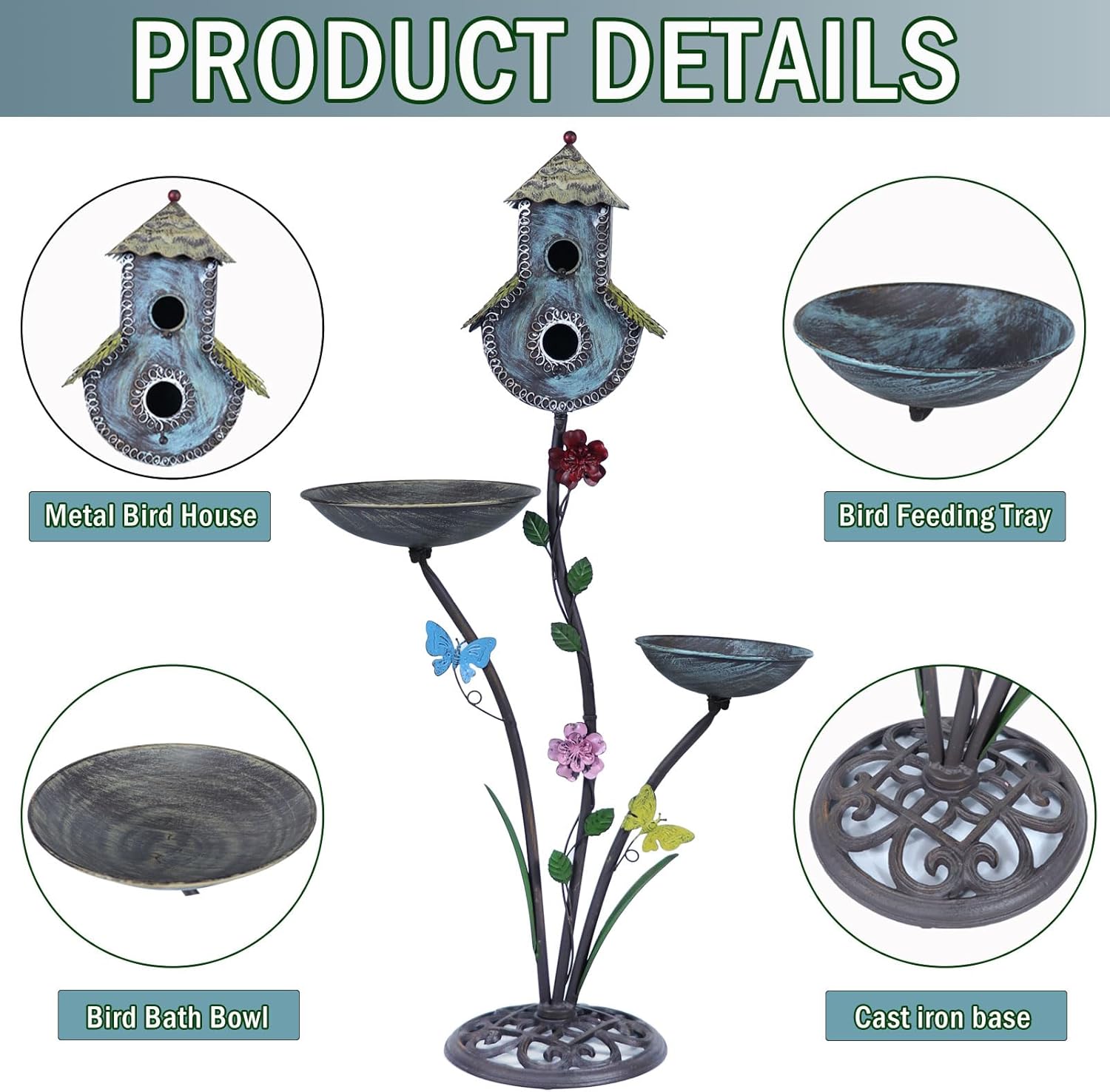 38" H Birdbaths for Outdoors,Metal Bird Feeder and Bird Houses for Outside,3-in-1,Garden Yard Decor
