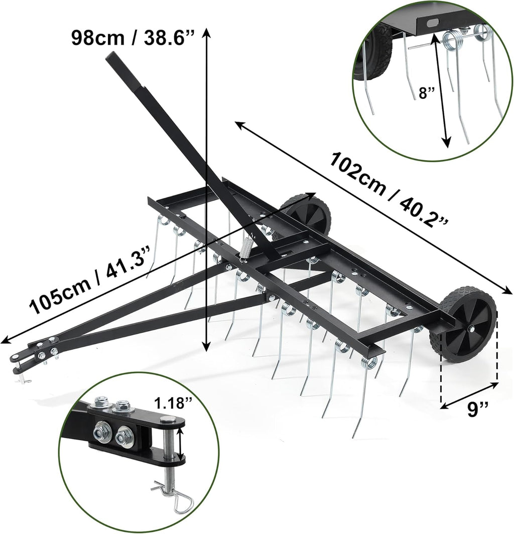 Lawn Dethatcher, 40-Inch Tow Behind Aerator with 20 Spring Steel Tines, Pull Dethatcher for Outdoor Yard Care, Lawn Sweeper to Remove Thatch, Leaves and Pine Needles, Black
