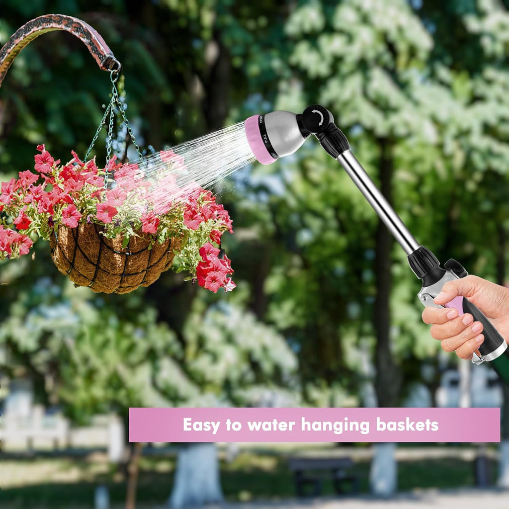 RESTMO Metal Watering Wand, Heavy Duty Garden Hose Wand with 180° Swivel Ratcheting Head, 16'' Hose Nozzle Sprayer with 7 Spray Patterns and Flow Control, for Water Hanging Baskets and Shrubs, Pink