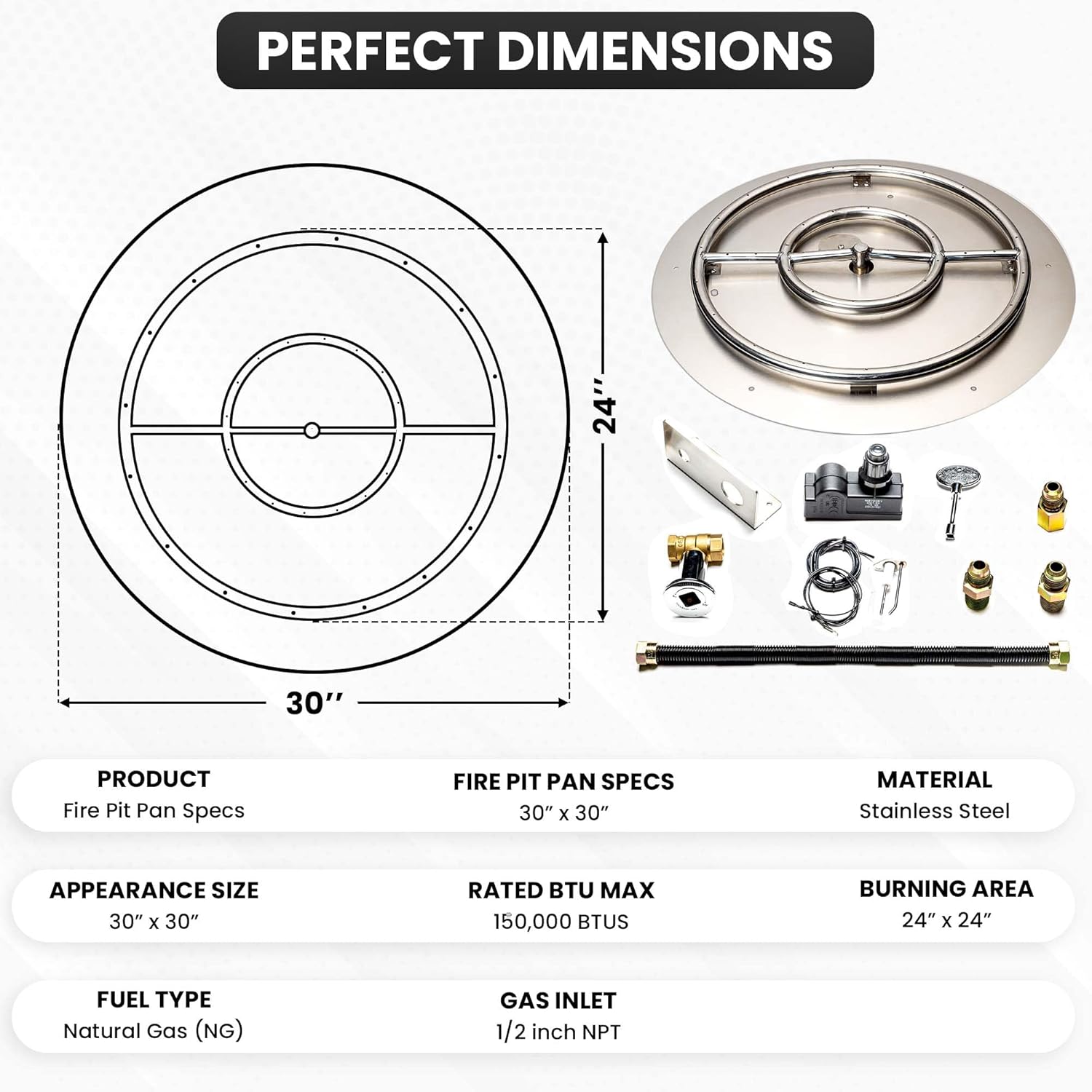 Stainless Steel Fire Pit Burner Pan & Ring Standard Kit with Spark Ignition for Natural Gas, 30-Inch Pan, 24-Inch Ring, 150,000 BTU Max