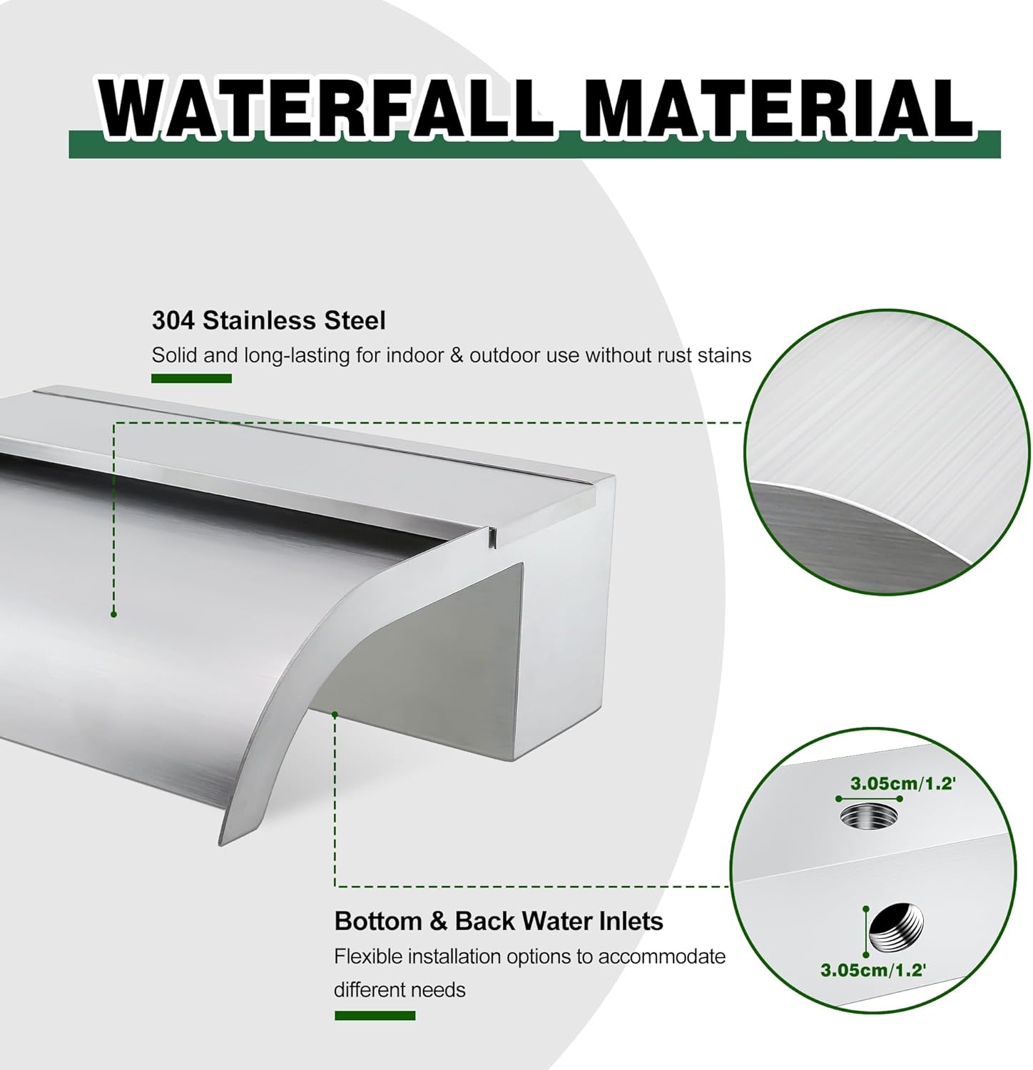 Waterfall Spillway, Stainless Steel Pool Fountain w/Top Open Lip & Pipe Connector Kits for Outdoor/Indoor Decorative, 23.6'' Pool Water Feature for Garden Patio, Backyard Koi Pond Decor