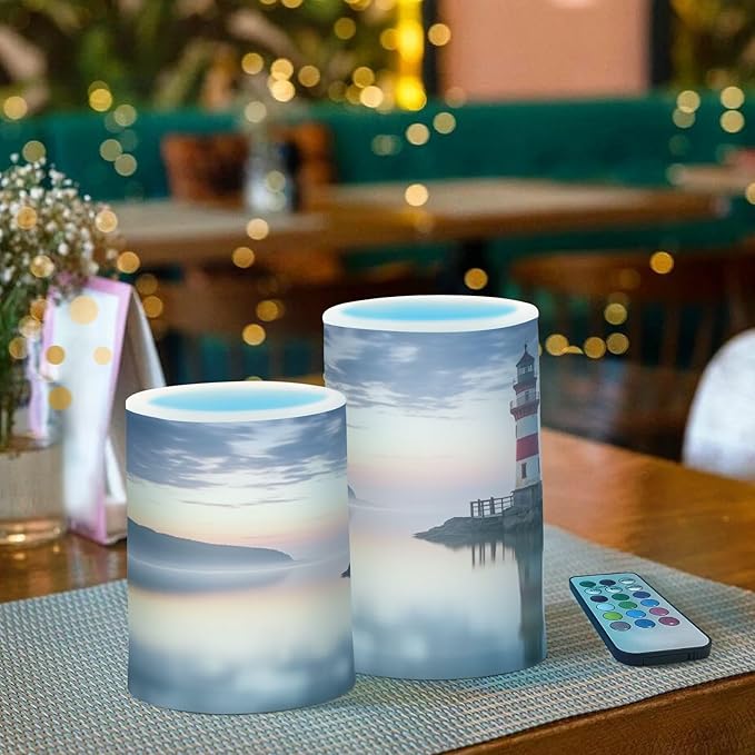 Lighthouse Flameless Candles with Remote Control and Timer, Adjustable Brightness Long Lasting Battery Operated LED Pillar Candles for Indoor Outdoor Party Home Decor, 2 Pack
