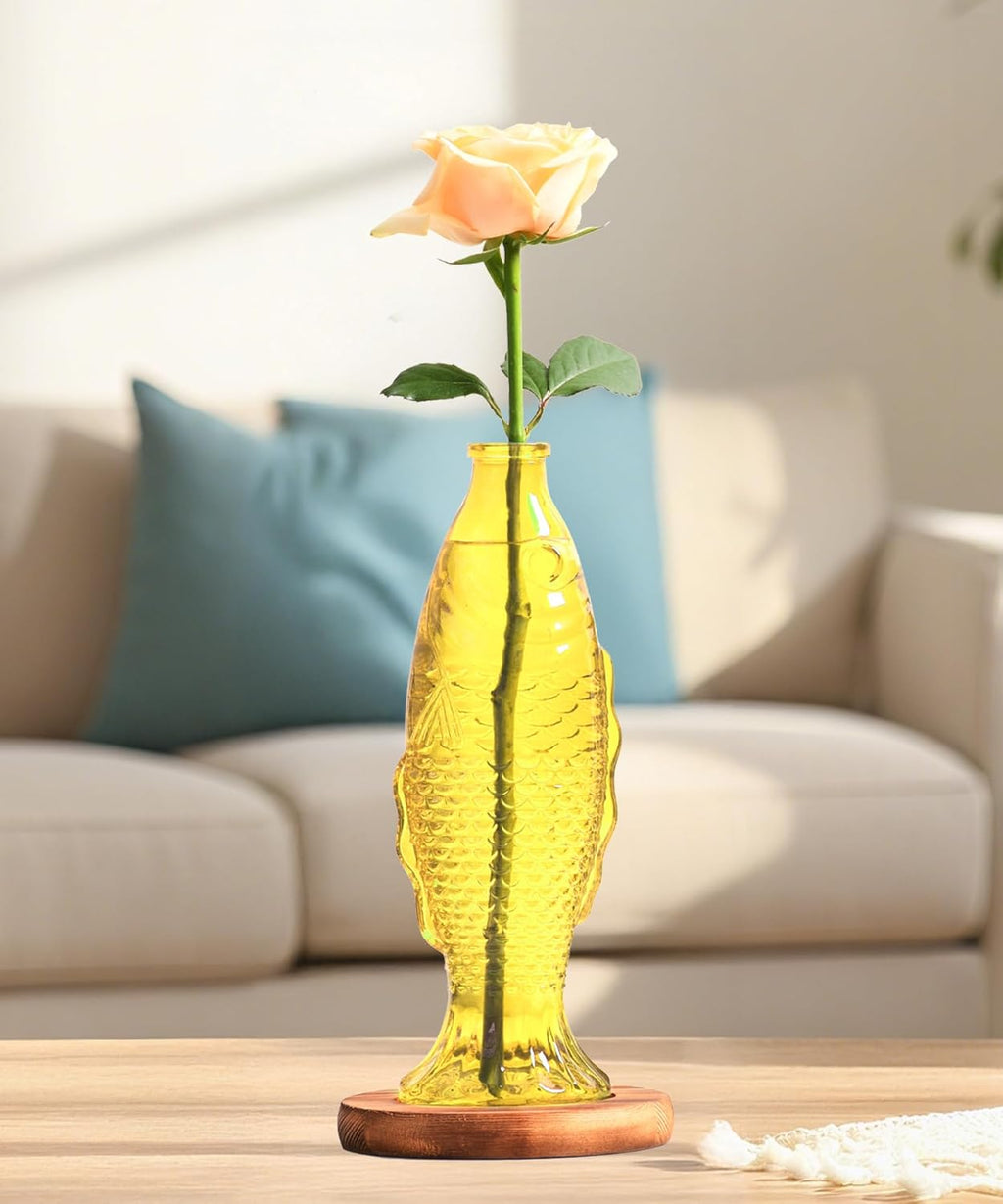 Nacome Fish Vase Glass Plant Terrarium with Wooden Stand,Planter Propagation Station for Home Office Hydroponics Desk Decoration,Unique Gardening Gifts for Plant Lovers Women Mom(Yellow)