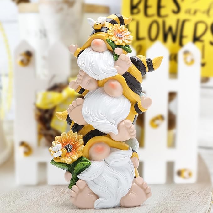 Hodao Summer Bee Gnome Decorations Indoor Home Table Decor Cute Stacked Bee Gnome Figurines Gifts -Swedish Dwarf Elf Figurines Summer Garden Honey Bees Gnomes Decorations (Bee1)