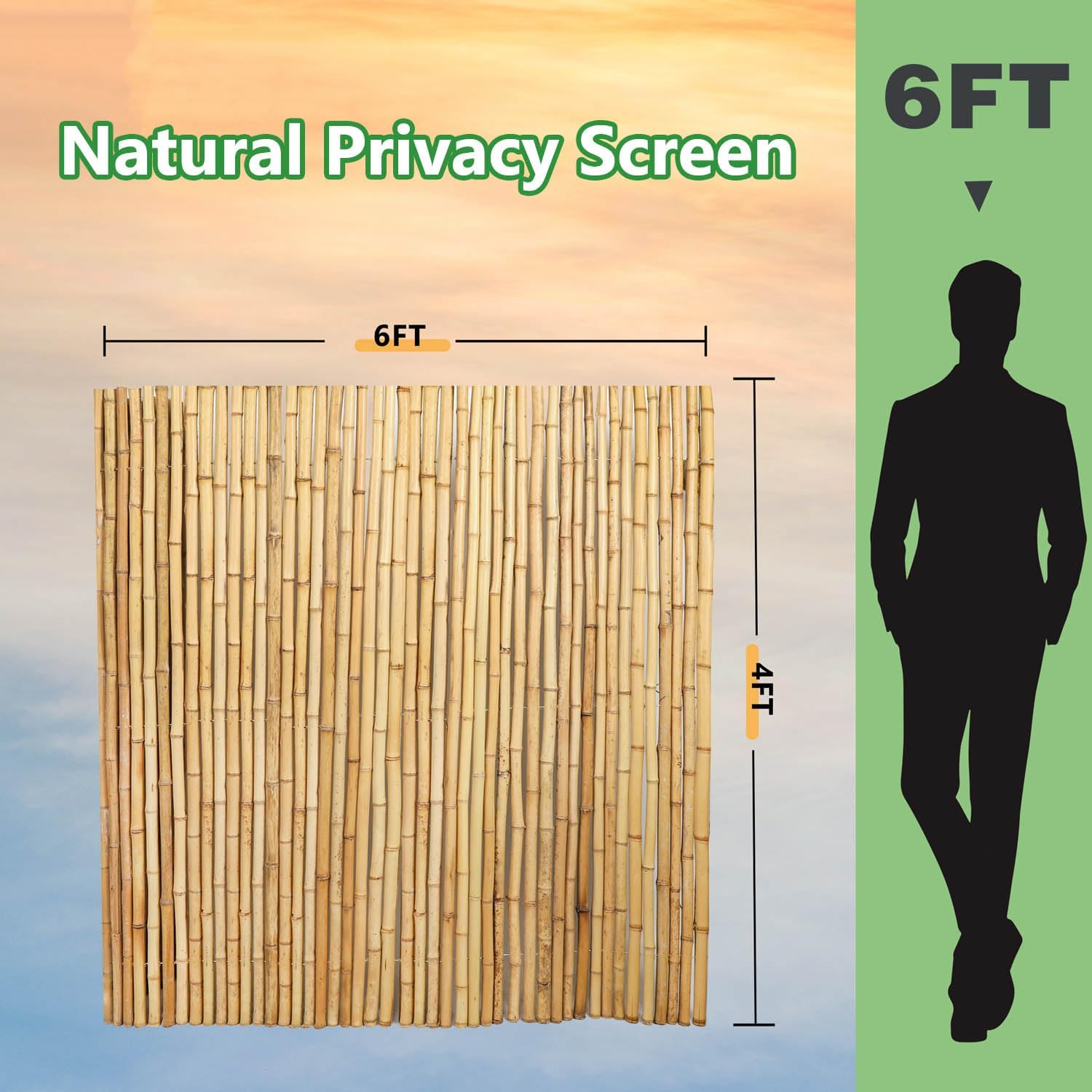 4FT x 6FT Natural Bamboo Fence Roll, Outside Bamboo Privacy Fencing, Natural Privacy Screen Panels for Garden, Outdoor