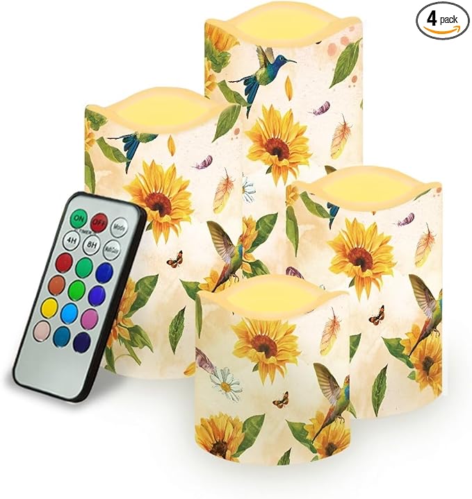 Ystardream Sunflower Hummingbird Flameless Candles with Timer Led Candles Flickering 4 Candle Sets for Home Decor,18 Key Remote Control，Dancing Flame, True Wax, Battery Powered.