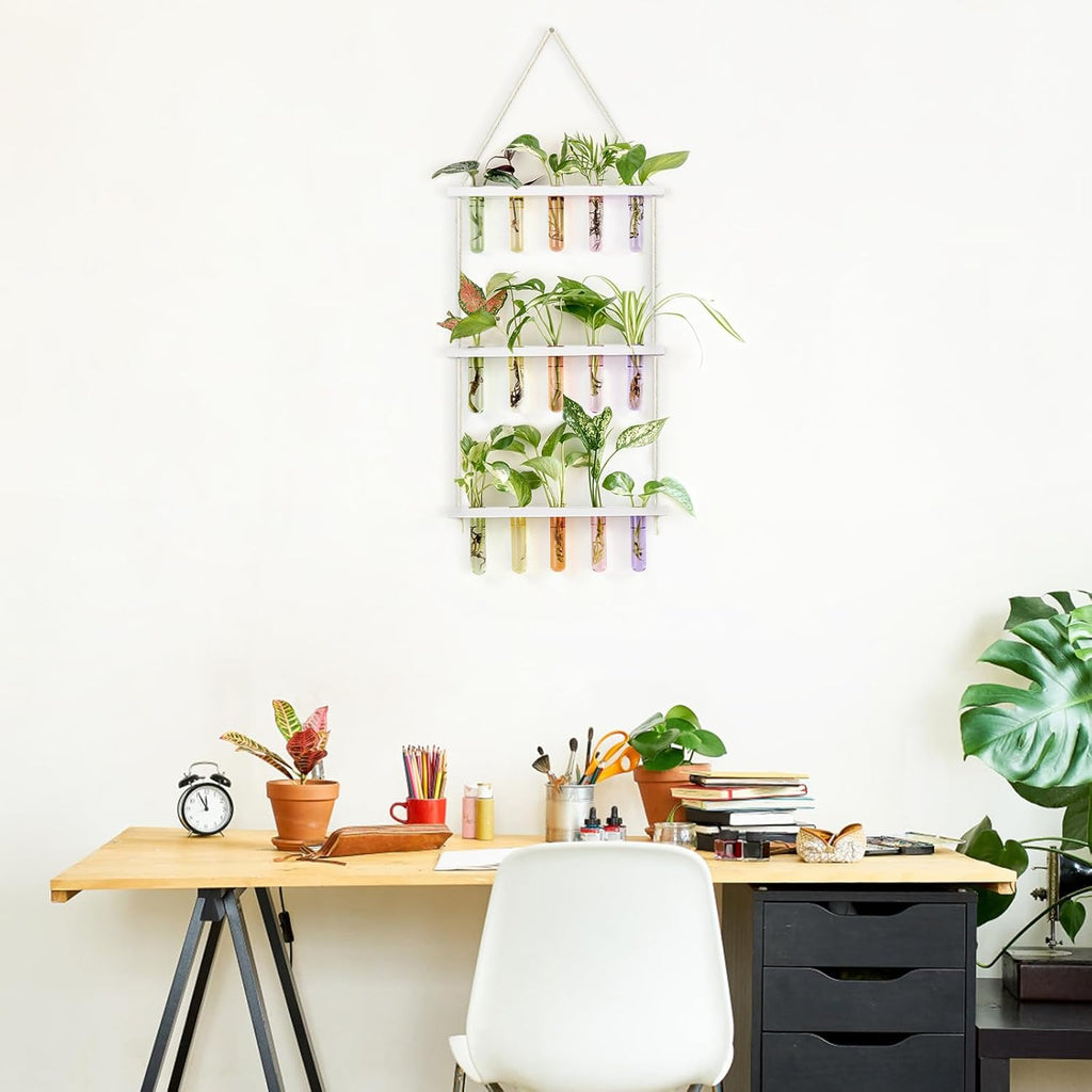 Mkono Plant Propagation Tubes, 3 Tiered Wall Hanging Terrarium with Wooden Stand Test Tube Flower Vase Glass Planter Stations Home Office Decor Plant Lover Gift, White