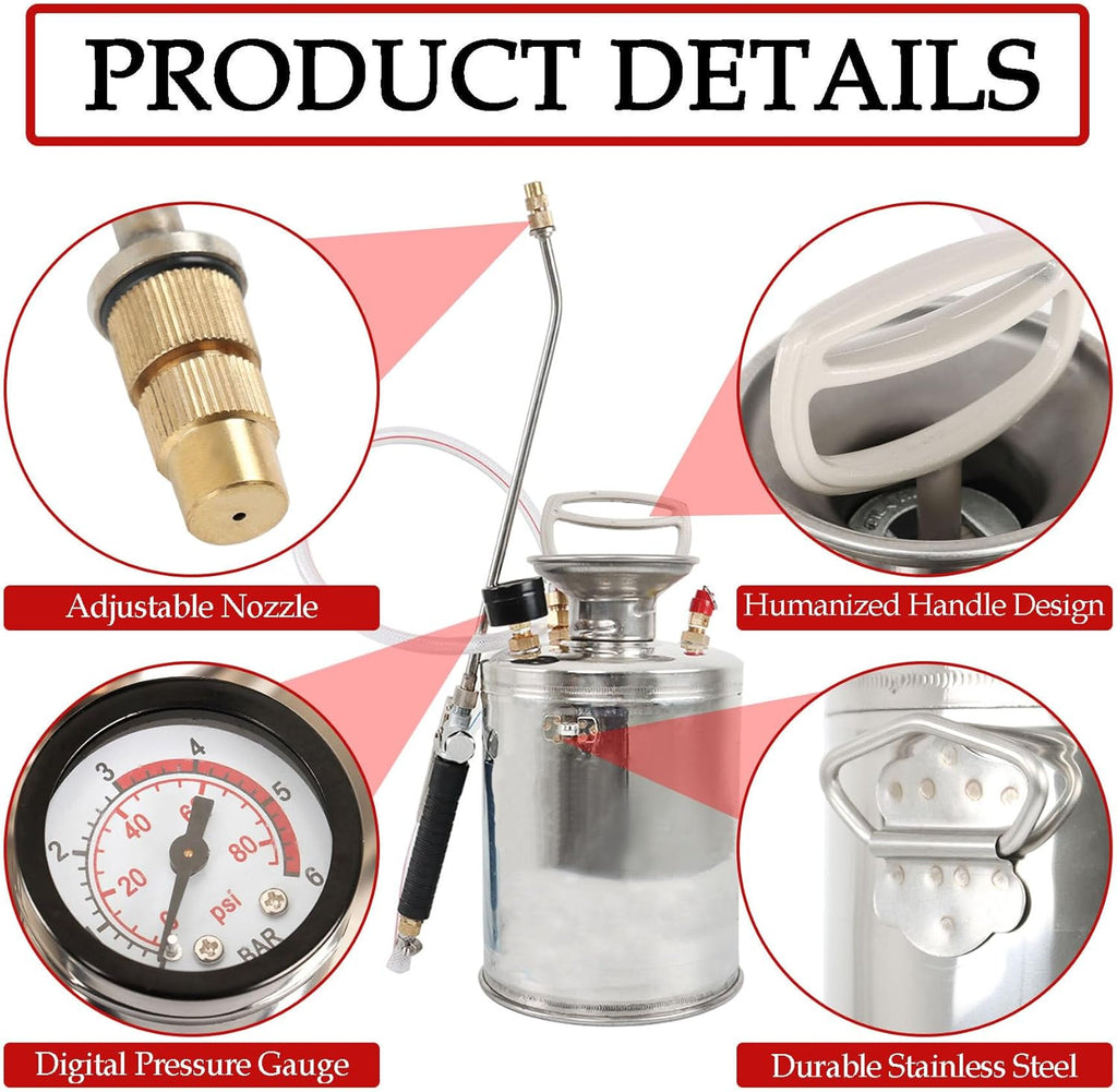 Hand Pump Sprayer Stainless Steel Sprayer for Indoor and Outdoor 1 Gallon Sprayer 12 in Wand 3.3 FT Hose