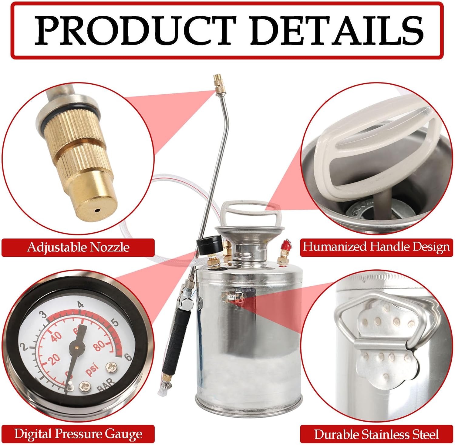 Hand Pump Sprayer Stainless Steel Sprayer for Indoor and Outdoor 1 Gallon Sprayer 12 in Wand 3.3 FT Hose