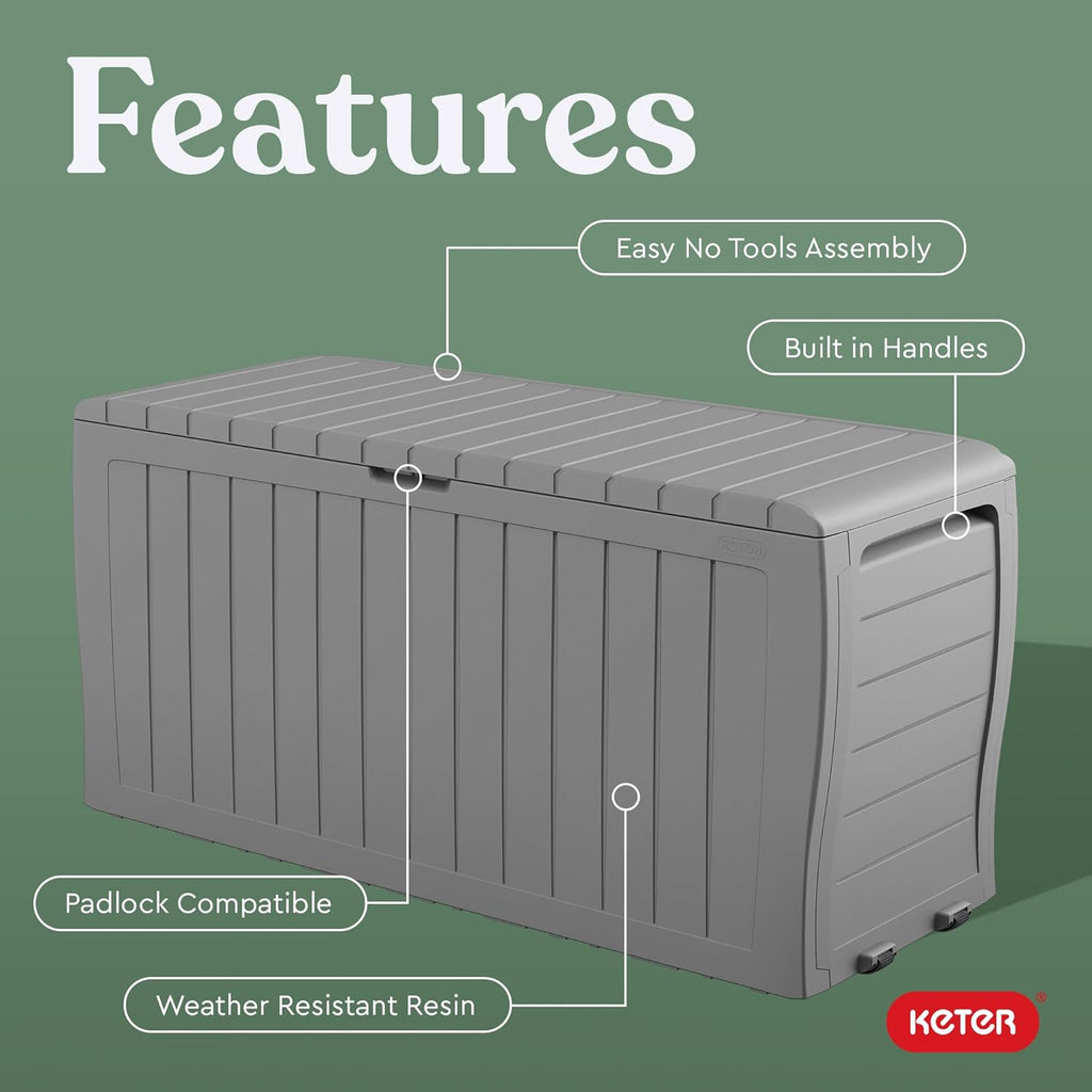 Keter Marvel Plus 71 Gallon Resin Deck Box-Organization and Storage for Patio Furniture Outdoor Cushions, Throw Pillows, Garden Tools and Pool Floats, Light Grey