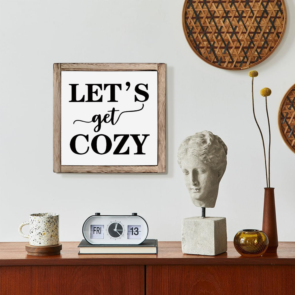 Cozy Bedroom Décor, Let's Get Cozy, Home Décor, Farmhouse Table Décor, Farmhouse Decor for Shelves, Home Decoration Sign for Shelf, Suitable for Placement on Living Room or Bedroom Shelves 9.9inch