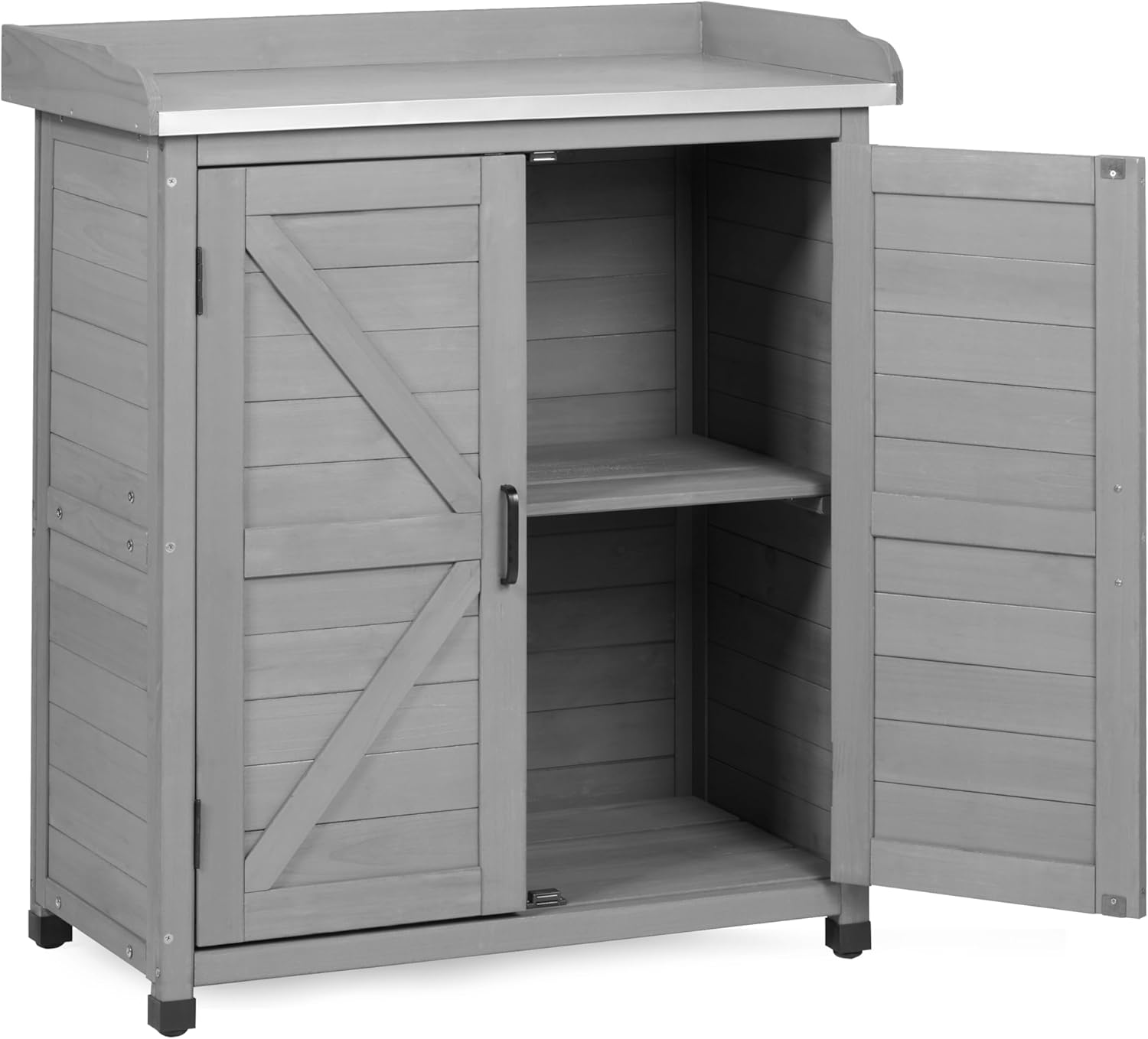 Potting Bench with Storage Cabinet and Metal Table Top for Outdoor Patio, Garden Furniture Wood Workstation (Classsic Grey, 31.5x17x39)