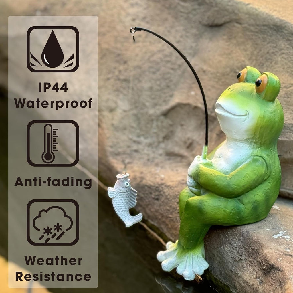 Frog Decoration for Yard Outdoor Garden Decor 9.7 Inch Tall Fishing Frog Statue for Koi Pond, Waterfalls or Poolside Ornaments, Fisher Animals Pond Decor, Gift for Mom & Women