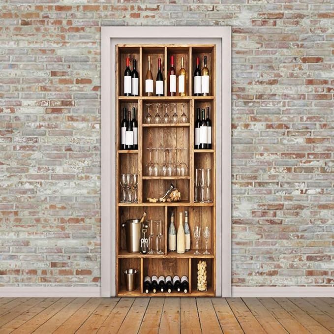 3D Door Wallpaper Self-Adhesive Door Sticker - Wine Cabinet - Door Film Poster Premium PVC Waterproof Wall Sticker for Bedroom Living Room Door Decoration Wallpaper 95 x 200 cm