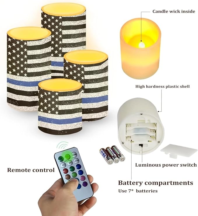Flameless LED Candles Electric Candles with Remote Timer Control Long Lasting Tealights Fake Candles Set of 4, for Independence Day Party Decoration for July Fourth, American Flag Blue