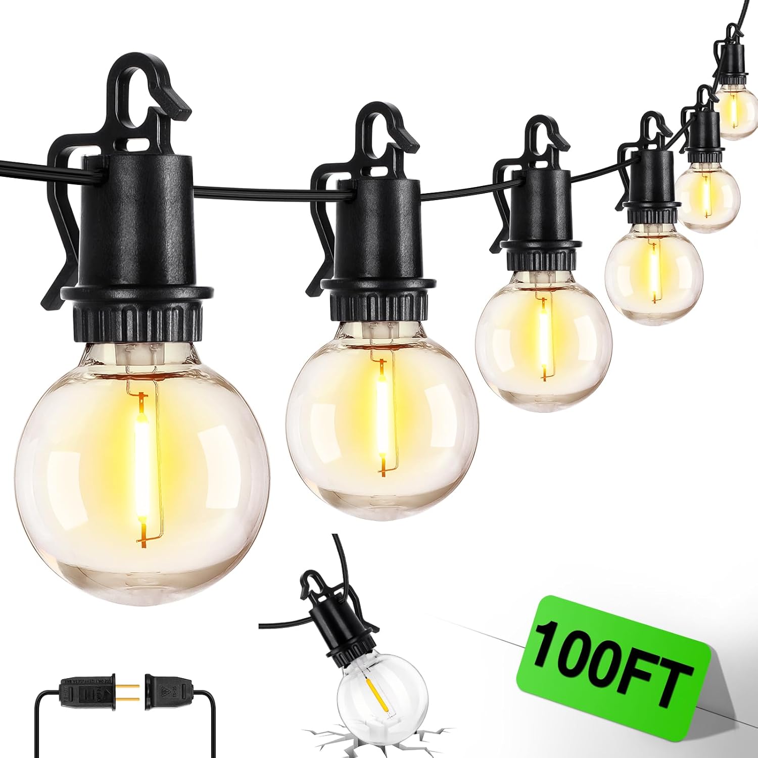 ZJOJO 100FT Outdoor String Lights, G40 Globe Outdoor Lights with 30 Shatterproof LED Bulbs (3 Spare), 2700K Hanging IP65 Waterproof Patio Light String Lights for Outside Backyard Porch Party